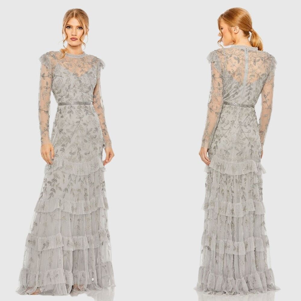 MAC DUGGAL Silver High Neck Flutter Cap Tiered Embellished Gown US 8 $798